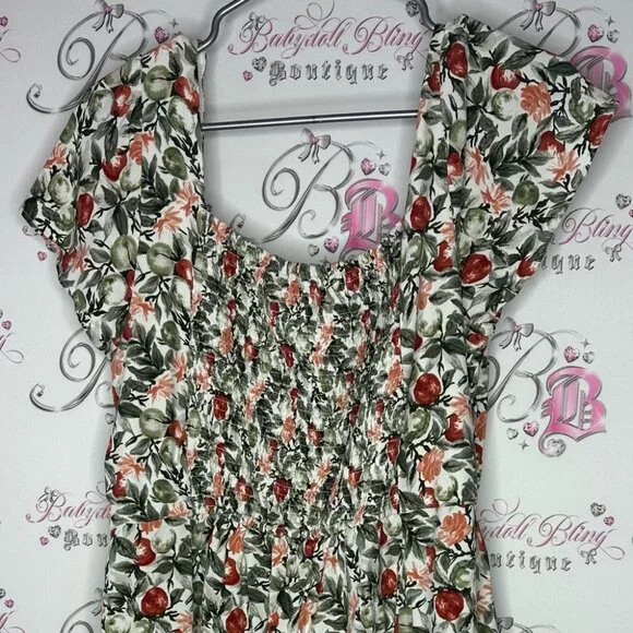 Abercrombie and fitch dress milkmaid flowers orange green Floral Print Dress - Picture 3 of 9